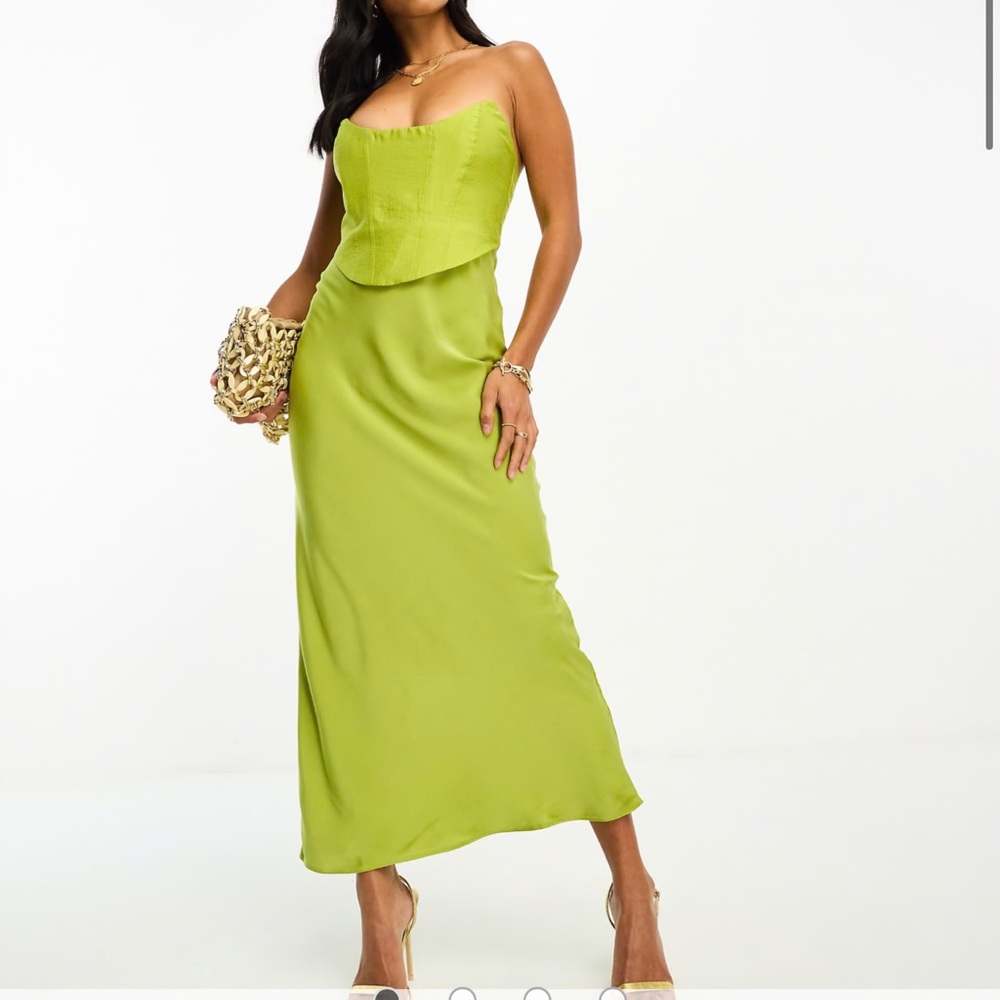 ASOS Petite bandeau contrast fabric slip maxi dress corset detail in olive green